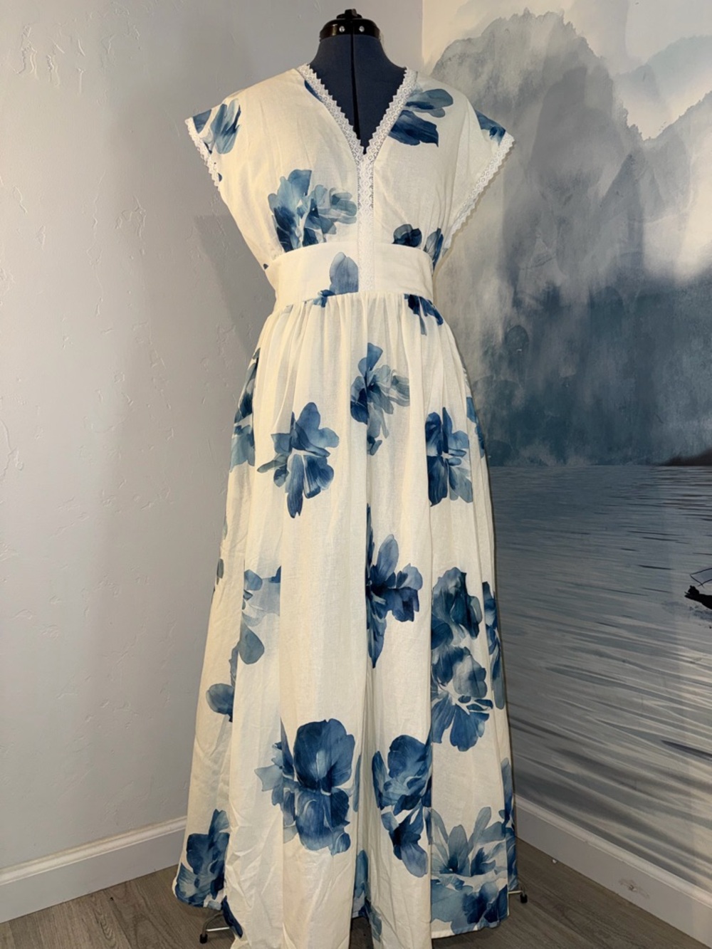 White Maxi Dress with Blue Floral Print #148 - Picture 1 of 10